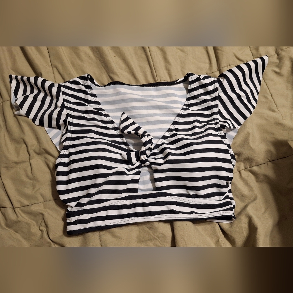 Black and White Striped Tie-Front Top